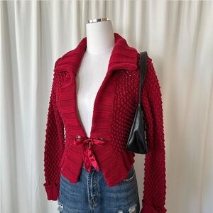 Vintage Red crochet open cardigan with bow detail Medium 100% Cotton.